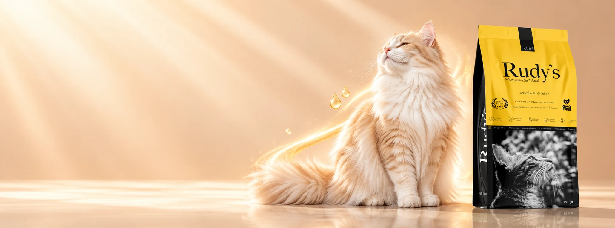 Rudy's yetişkin kedi mamasının yanında başını kaldırmış oturan uzun tüylü krem kedi